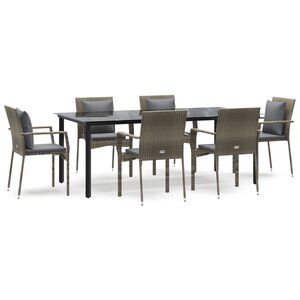 vidaXL Ensemble à manger jardin et coussins 7 Pièces Noir et gris Rotin
