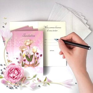 Lot 5 cartes invitation champêtre fleurs roses avec 5 enveloppes blanches 9x14cm