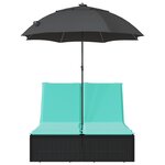 vidaXL Chaise longue double et coussins et parasol noir résine tressée