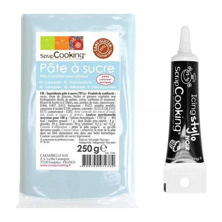 Pâte à sucre bleu pastel 250 g + Stylo de glaçage noir