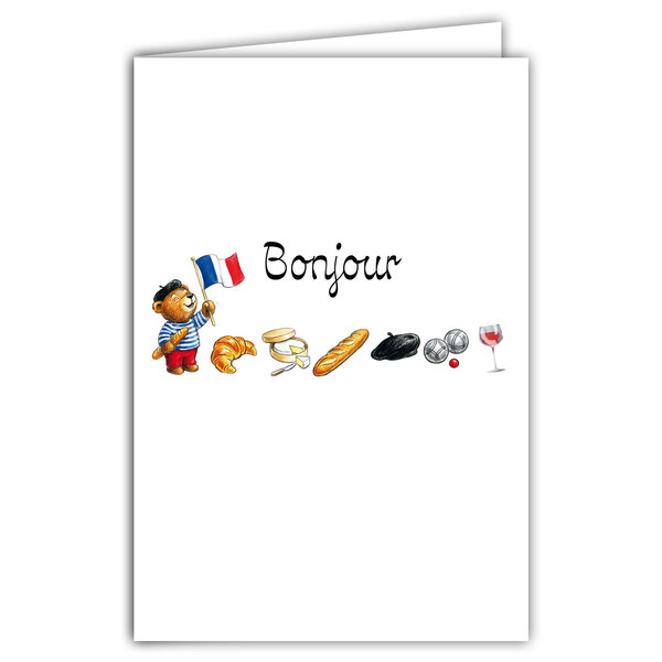 69-4506 Carte Bonjour Ours en Peluche Drapeau français Marinière Béret Baguette de Pain Croissant Vin Fromage Camembert Pétanque Clichés Illustration - Avec Enveloppe 12x17cm - Fabrication française