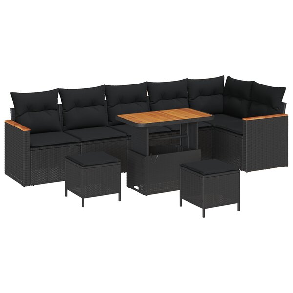 Ensemble de canapé de jardin 9 pièces avec coussins en poly rattan noir et acacia