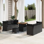 Ensemble de canapé de jardin 9 pièces avec coussins noir poly rattan acacia