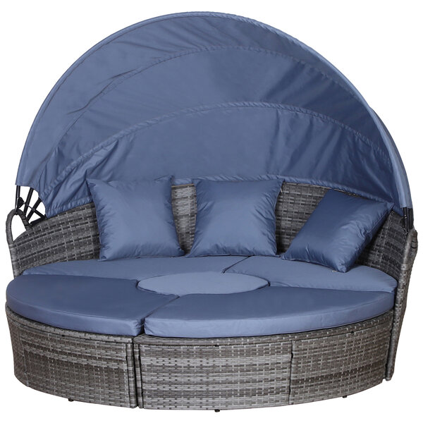 Lit canapé de jardin modulable grand confort pare-soleil pliable 5 coussins 3 oreillers 180L x 175l x 147H cm résine tressée grise polyester bleu