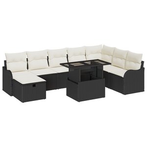 Ensemble de Canapés de Jardin 9 Pièces avec Coussins Noir Poly Rattan