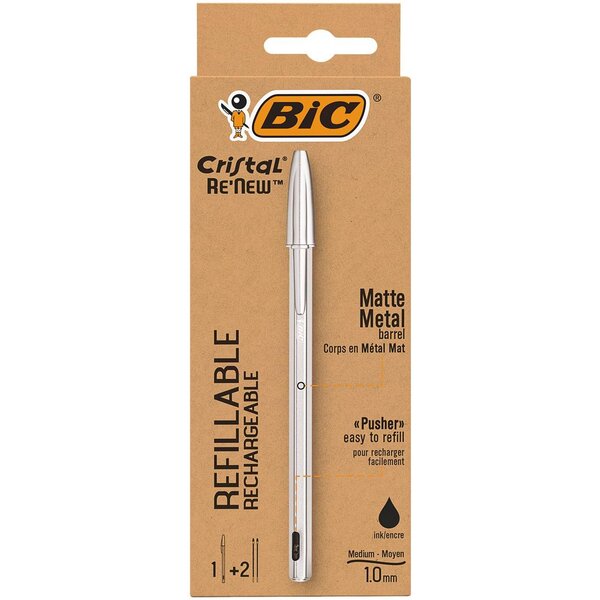 Stylo à Bille Cristal RE'NEW Corps Métal + 2 Recharges Noir BIC