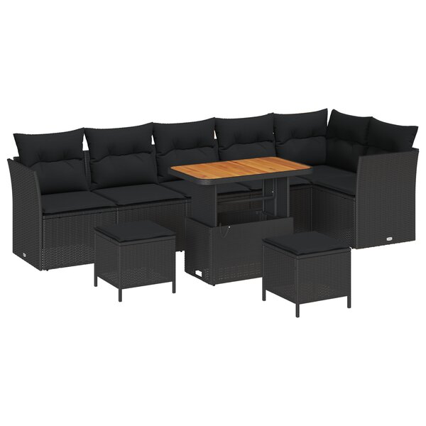 Ensemble de Sofa de Jardin 9 Pièces vidaXL avec Coussins Noir Poly Rotin Acacia