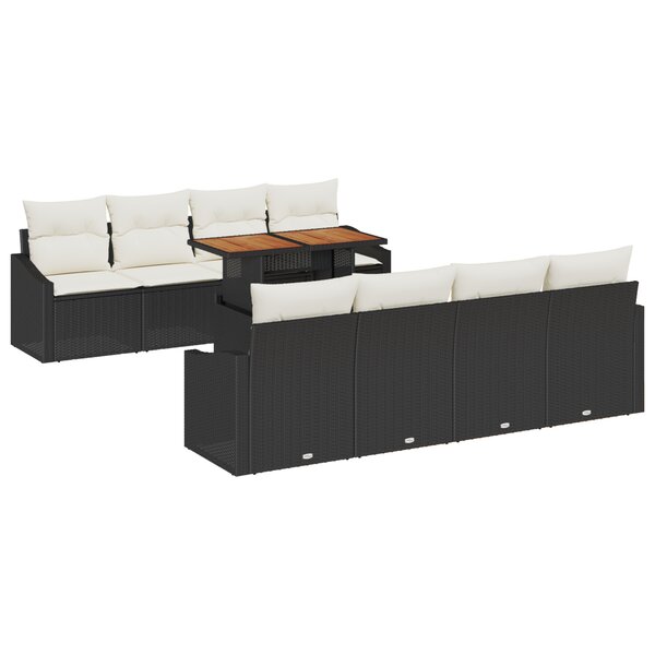 vidaXL Ensemble de salle à manger de jardin 9 pièces avec coussins en rattan noir et acacia