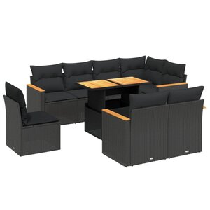 vidaXL Salon de jardin 9 Pièces avec coussins noir résine tressée