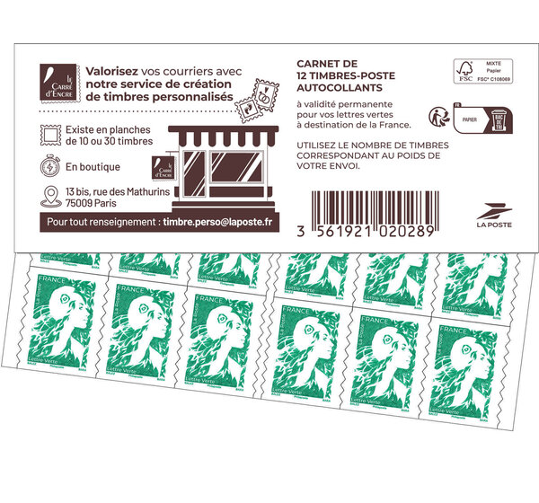 Carnet 12 timbres Marianne de l'avenir - Lettre Verte - Carré d'Encre