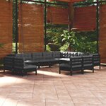 vidaXL Salon de jardin 12 Pièces avec coussins Noir Bois de pin solide