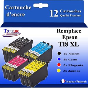 T3AZUR- 12x Cartouches Compatibles avec Epson 18XL 18 XL remplace Epson Expression Home XP-102  XP-202  XP-205  XP-212  XP-215