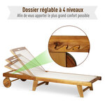 Bain de soleil transat - design colonial - dossier inclinable 4 positions roulettes - dim. 198L x 60l x 45/69/80/88H cm - tissu textilène blanc - bois acacia