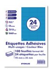 100 planches a4 - 24 étiquettes 70 mm x 35 mm autocollantes bleu par planche pour tous types imprimantes - jet d'encre/laser/photocopieuse