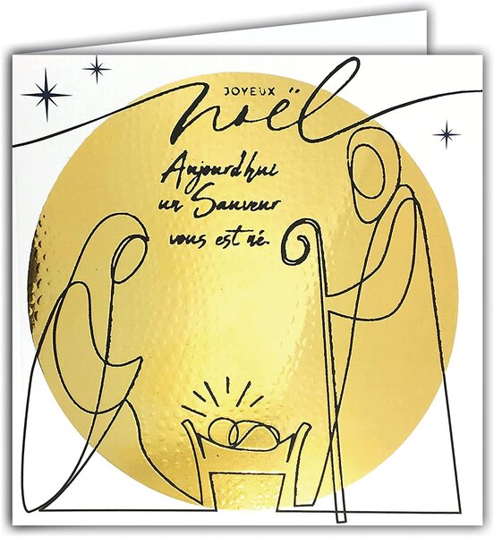 Carte joyeux noël crèche en or doré brillant en relief au touché avec enveloppe