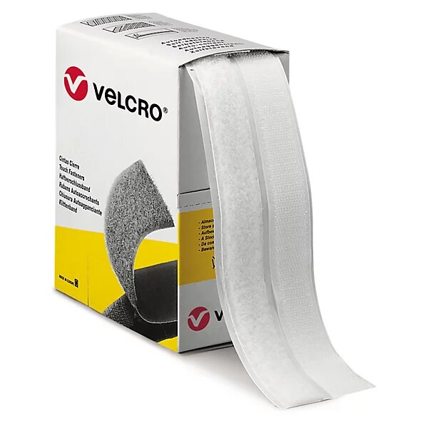 Fixation adhésive velcro pour charges légères en boîte distributrice ruban blanc 3 mm