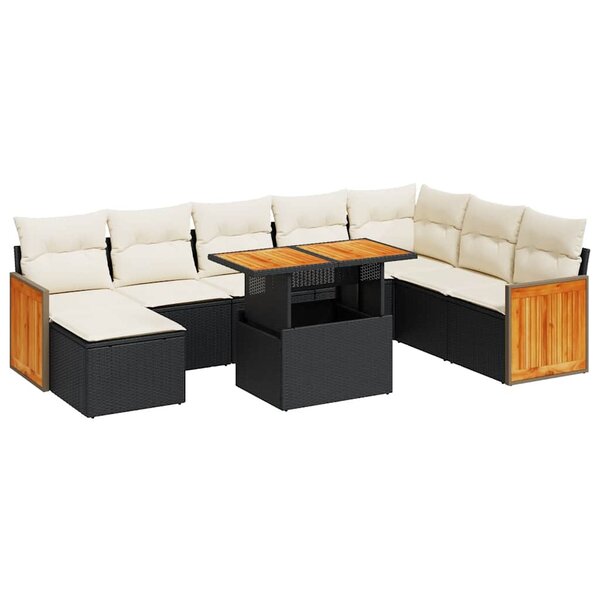 vidaXL Salon de jardin avec coussins 9 Pièces noir résine tressée acacia