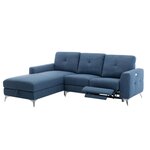 Canapé d'angle gauche 3 places FRANKLIN -Tissu Bleu-  -1 place relax électrique + coffre et port USB  - L 260 x P 51 x H 90 cm