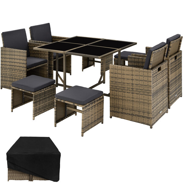 Tectake Salon de jardin BILBAO 8 places avec housse de protection - marron naturel