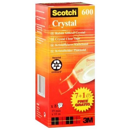 Boite de 8 rouleaux adhésif Cristal Clear 600, 19 mm x 33 m SCOTCH