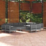 vidaXL Salon de jardin 13 Pièces avec coussins Gris Bois de pin solide