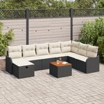 Set de canapé de jardin 9 pièces avec coussins noir en poly rattan