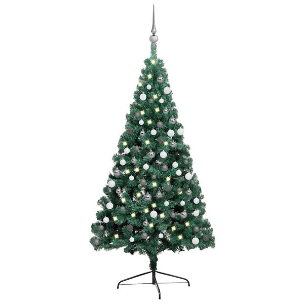vidaXL Demi-arbre de Noël artificiel pré-éclairé et boules vert 180 cm