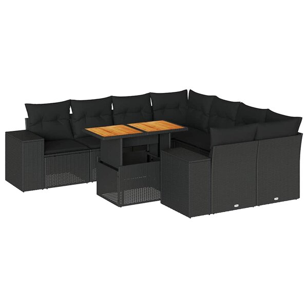 vidaXL Salon de jardin 9 Pièces avec coussins noir résine tressée