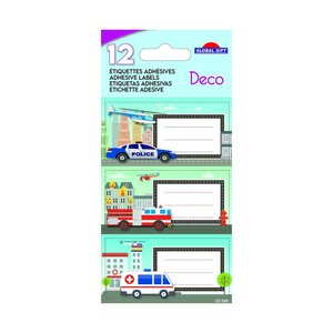 12 étiquettes adhésives scolaires - Rectangle - Voiture de police  camion de pompier