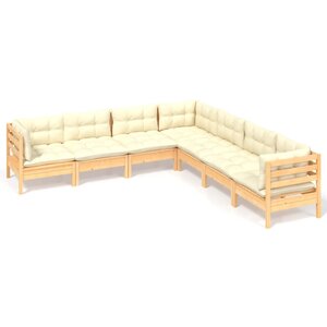 Salon de jardin meuble d'extérieur ensemble de mobilier 7 pièces avec coussins crème bois de pin solide 02_0017177