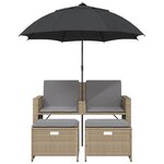 vidaXL Canapé de jardin 2 places avec parasol et tabourets beige rotin