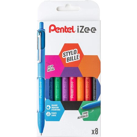 Pochette de 8 stylos bille rétractables izee  bx470 couleurs assorties pentel
