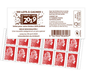 Carnet 12 timbres Marianne l'engagée - Lettre Prioritaire - Rouge - Election du timbre de l'année
