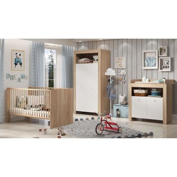 Lit enfant 70 x 140 cm + commode à langer 2 portes + armoire 2 portes - chêne sonoma et blanc mat