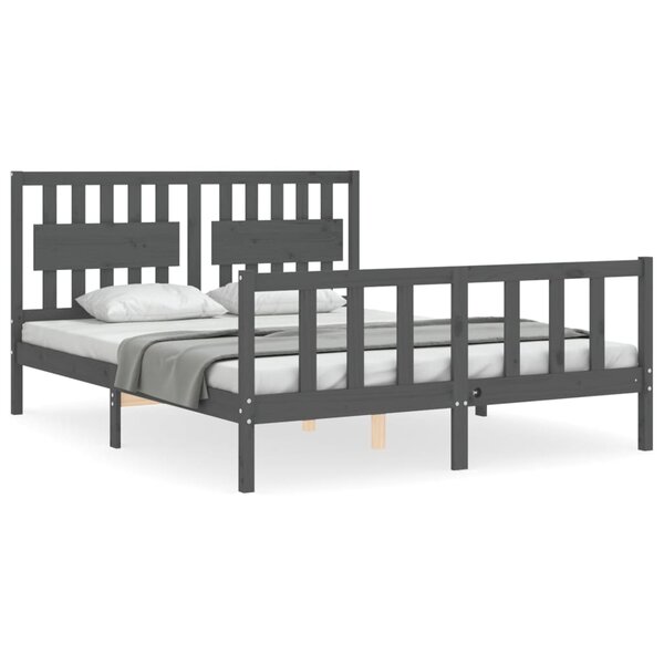 vidaXL Cadre de lit avec tête de lit gris King Size bois massif