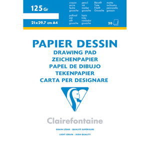 Bloc dessin grain fin encollé A4 20F 125g CLAIREFONTAINE