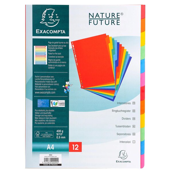 Intercalaires Carte Lustrée 400g 12 Positions - A4 - Couleurs Assorties - X 25 - Exacompta