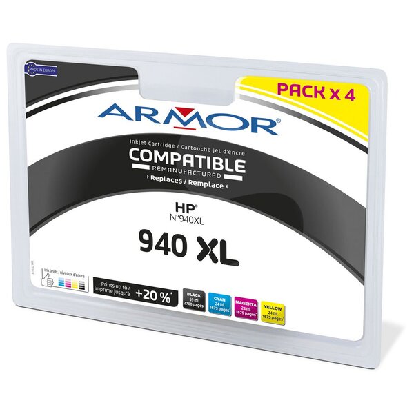 Cartouche d'encre remanufacturée, compatible pour hp 940xl, c2n93ae,  pack 4 couleurs - noir + couleurs (blister 4 unités)