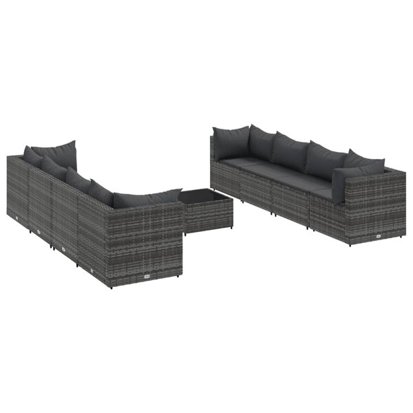 vidaXL Salon de jardin 9 Pièces avec coussins Gris Résine tressée