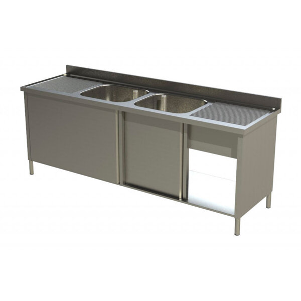 Plonge inox sur placard avec 2 bacs et 2 égouttoirs - gamme 700 -  - coulissante 2000x700xmm
