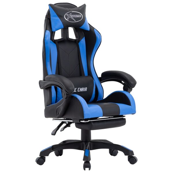 Chaise fauteuil siège pivotante de bureau informatique étude de jeux vidéo avec repose-pied et similicuir bleu 02_0024217