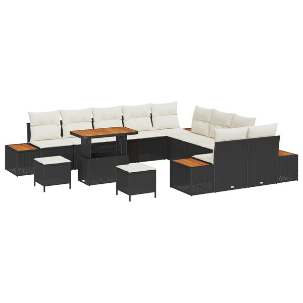Ensemble de Canapés de Jardin 13 Pièces avec Coussins Noir Poly Rattan Acacia