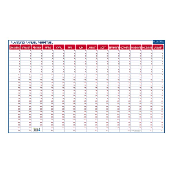 Planning perpétuel annuel - effaçable à sec - 60 x 99 cm - cbg