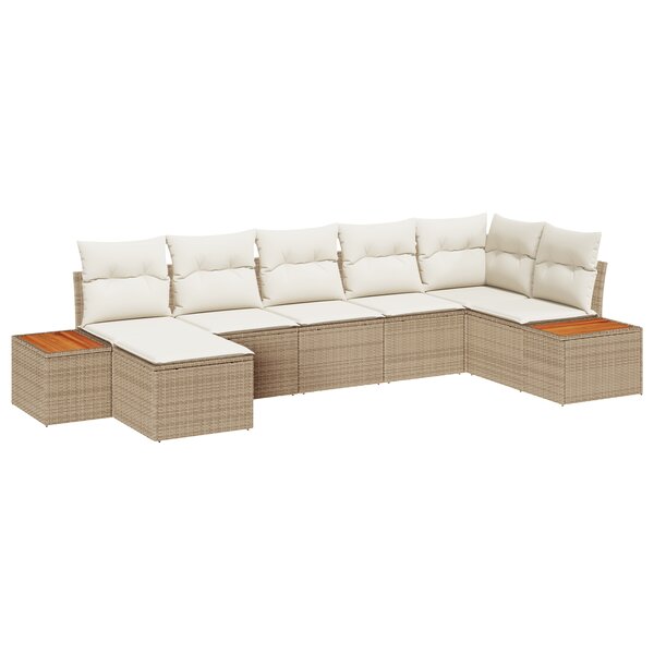Canapé de Jardin 7 Pièces avec Coussins Beige Poly Rattan Acacia