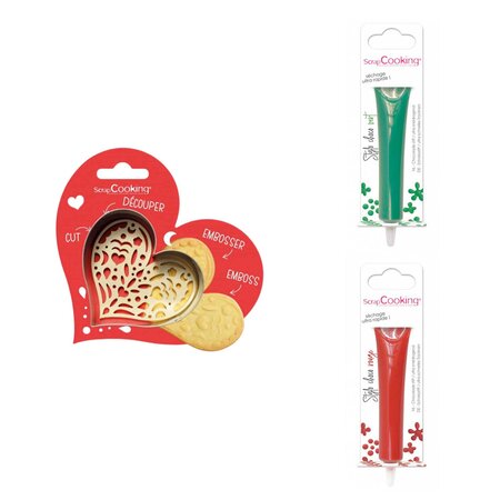 Kit pour biscuit en relief Coeur + 2 Stylos au chocolat vert et rouge