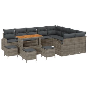 Canapé de jardin de 13 pièces avec coussins gris en poly rattan et acacia