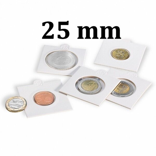 Cadres cartonnés autocollant pour monnaies jusqu'à 25mm. Paquet - 25 étuis