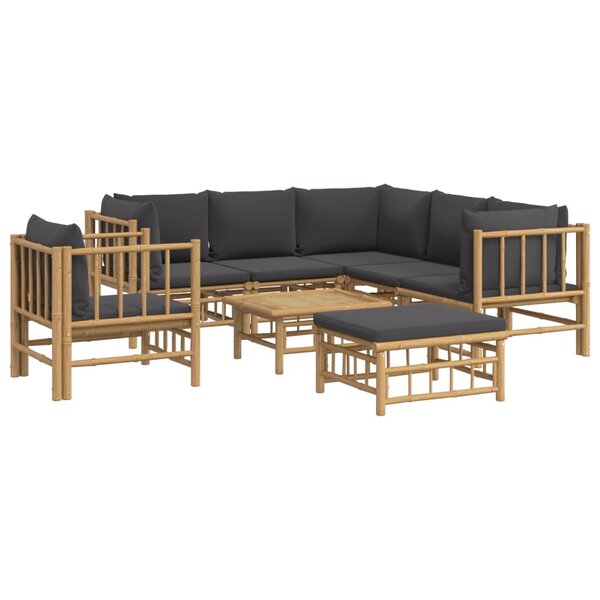 Salon de jardin meuble d'extérieur ensemble de mobilier 8 pièces avec coussins gris foncé bambou 02_0017592
