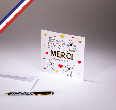 Carte simple all you need is love créée et imprimée en france sur papier certifié pefc - merci pour tout ! Chats