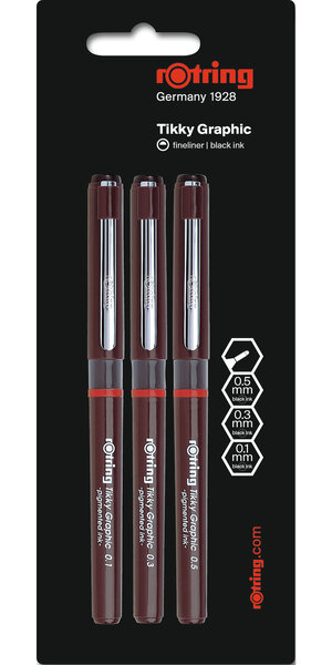 Rotring tikky graphic lot de 3 feutres à pointe fine 0 1/0 3/0 5 mm  encre noire  blister